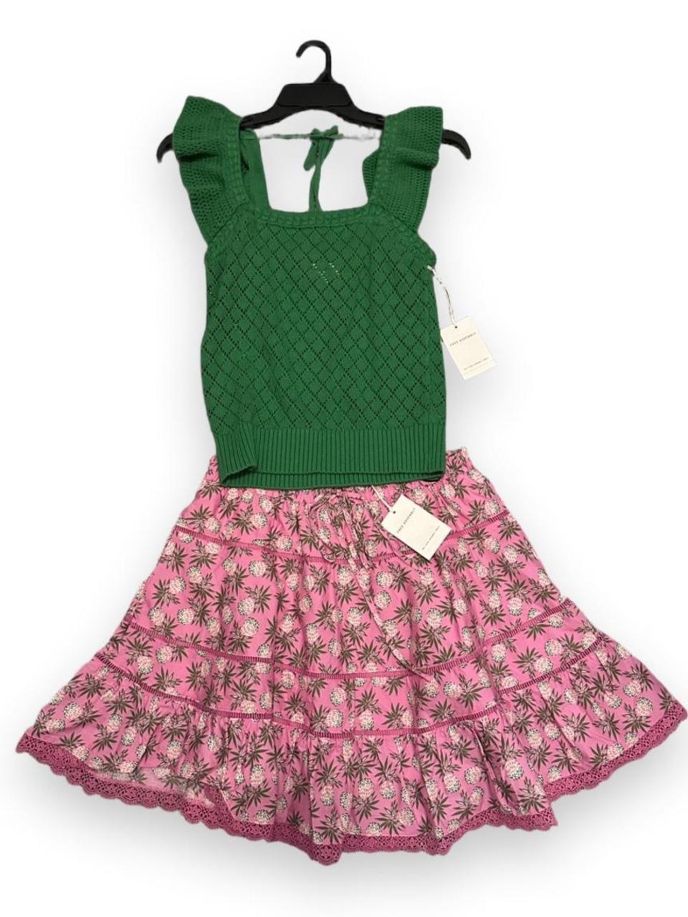 2 Piece Set! Green Knit Tank with Pink Pineapple Mini Skirt